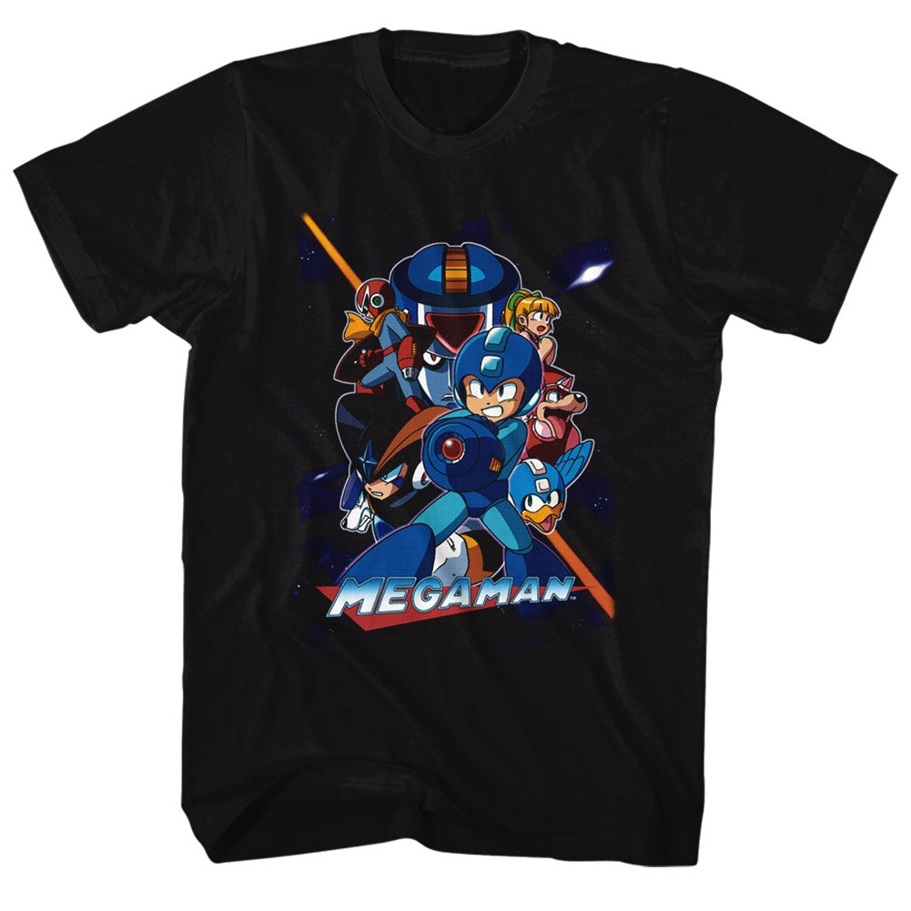 Mega Man Mens S/S T-Shirt - Collage Orange Beam - Solid Black
