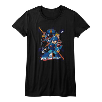 Mega Man Girls Juniors S/S T-Shirt - Collage Orange Beam - Solid Black