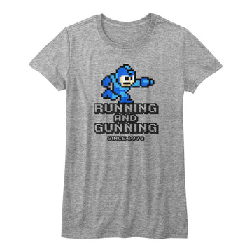 Mega Man Girls Juniors S/S T-Shirt - Running And Gunning - Heather Gray Heather
