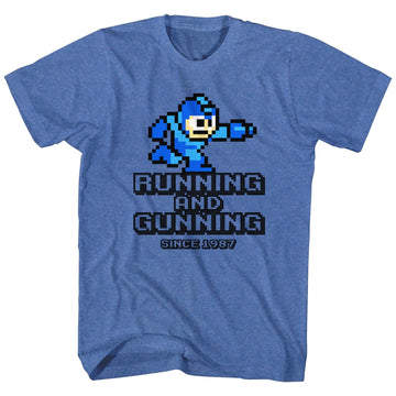 Mega Man Mens S/S T-Shirt - Running And Gunning - Heather Royal Heather