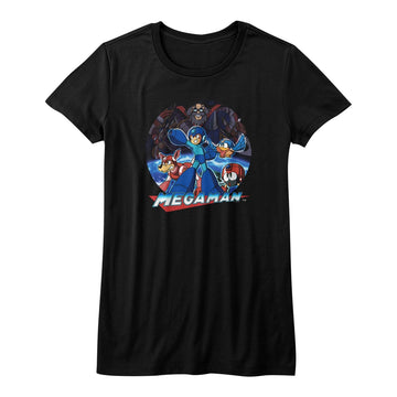 Mega Man Girls Juniors S/S T-Shirt - Megaman Collage - Solid Black