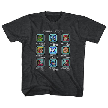 Mega Man Toddler S/S T-Shirt - Stage Select - Heather Black Heather