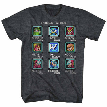 Mega Man Mens S/S T-Shirt - Stage Select - Heather Black Heather