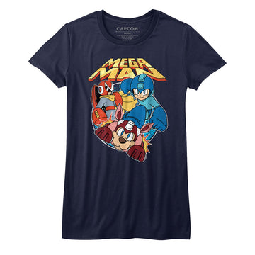Mega Man Girls Juniors S/S T-Shirt - Flat Colors - Solid Navy