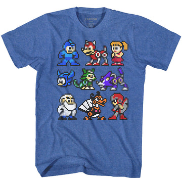 Mega Man Mens S/S T-Shirt - The Cast - Heather Royal Heather