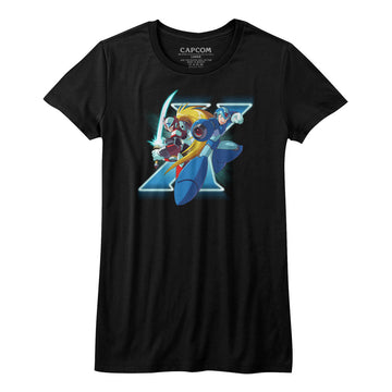 Mega Man Girls Juniors S/S T-Shirt - X And Zero - Solid Black
