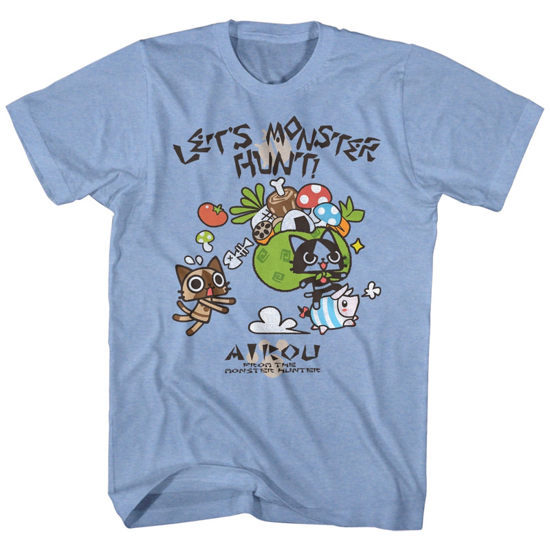 Monster Hunter Mens S/S T-Shirt - Airou Hunter - Heather Light Blue Heather