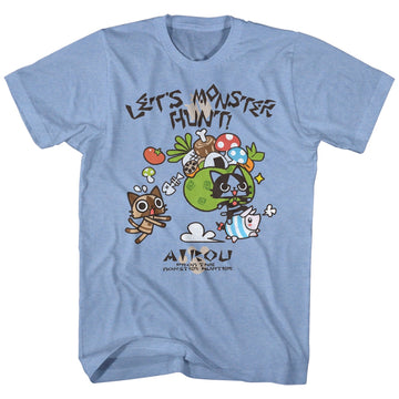 Monster Hunter Mens S/S T-Shirt - Airou Hunter - Heather Light Blue Heather