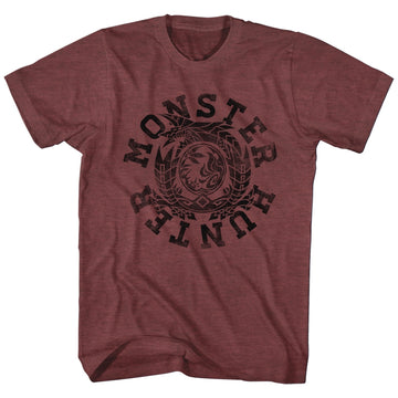 Monster Hunter Mens S/S T-Shirt - Mh Circle - Heather Vintage Maroon Heather