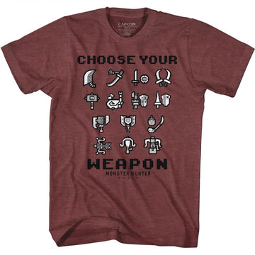 Monster Hunter Mens S/S T-Shirt - Choose Your Weapon - Heather Vintage Maroon Heather