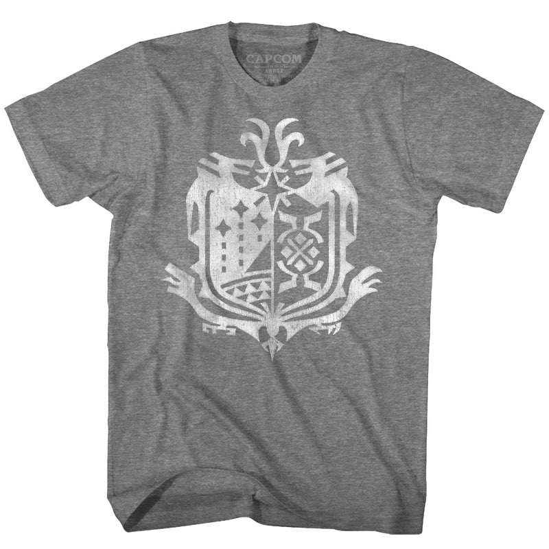 Monster Hunter Mens S/S T-Shirt - Weathered World Emblem - Heather Graphite Heather