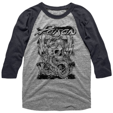 Poison Mens 3/4 Sleeve Raglan - Skull Snake Lightning - Heather/Heather Gray Heather/Dark Heather