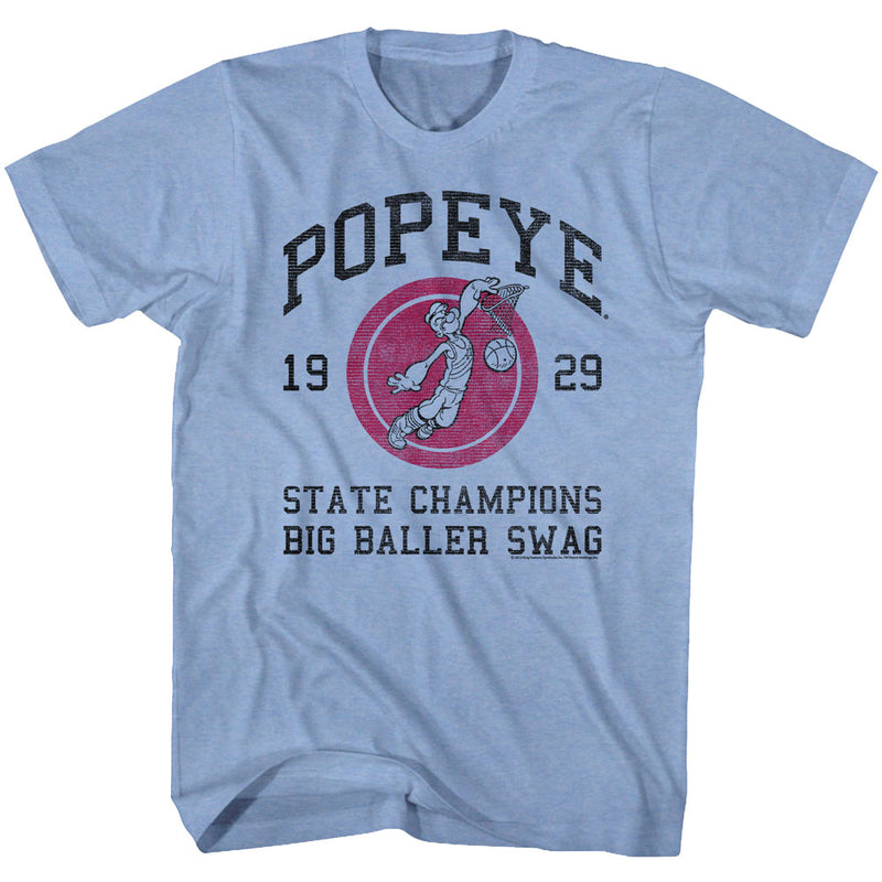 Popeye Mens S/S T-Shirt - Big Baller Swing - Heather Light Blue Heather