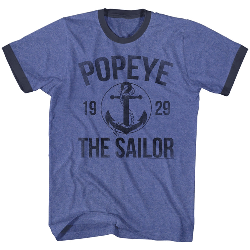 Popeye Mens S/S Ringer T-Shirt - Anchor - Heather/Solid Blue Heather/Navy