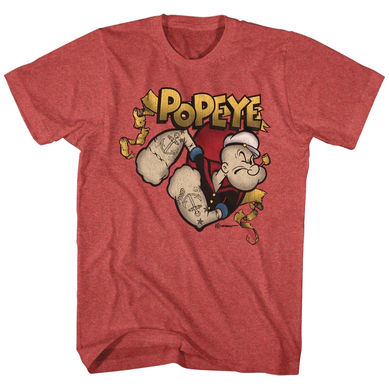 Popeye Mens S/S T-Shirt - Gold Banner - Heather Red Heather