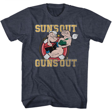 Popeye Mens S/S T-Shirt - Suns Out Guns Out - Heather Navy Heather