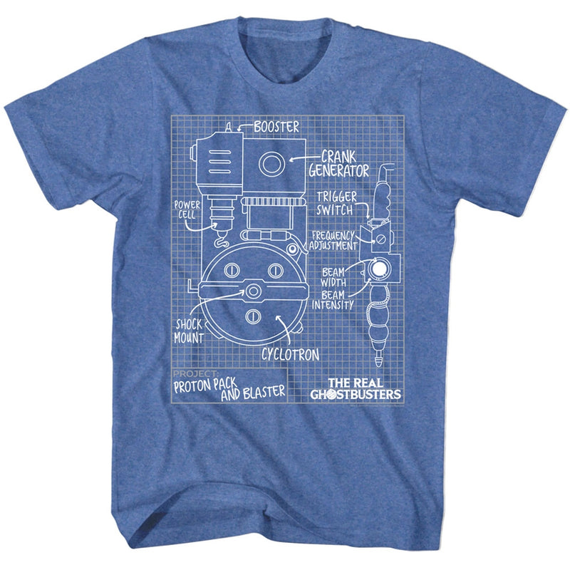 Real Ghostbusters Mens S/S T-Shirt - Blueprints - Heather Royal Heather