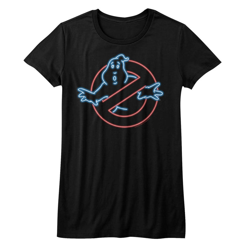 The Real Ghostbusters Girls Juniors S/S T-Shirt - Neon Ghost - Solid Black