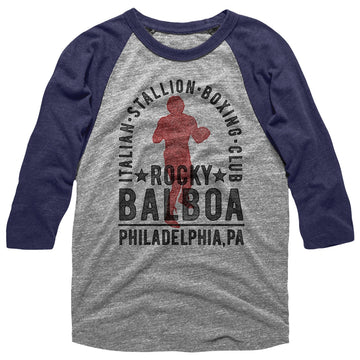 Rocky Mens 3/4 Sleeve Raglan - Balboa Boxing Club - Heather/Heather Gray Heather/Blue Heather