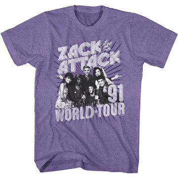 Saved By The Bell Mens S/S T-Shirt - Zack Attack '91 Tour - Heather Retro Purple Heather