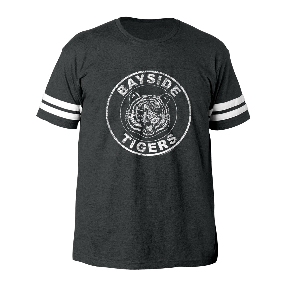 Saved By The Bell Mens S/S Fball T-Shirt - Bayside Tigers - Heather Vintage Smoke