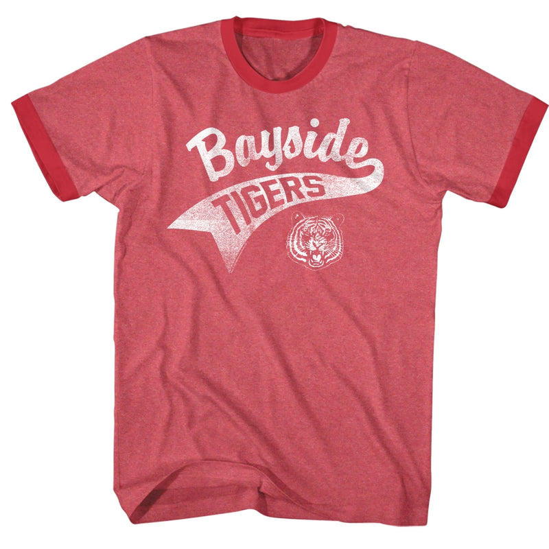 Saved By The Bell Mens S/S Ringer T-Shirt - Bayside Tail - Heather/Solid Red Heather/Red - Inmyparentsbasement.com