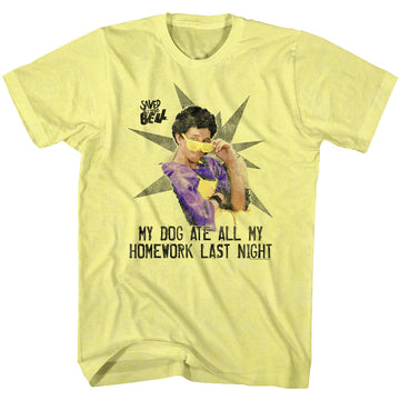 Saved By The Bell Mens S/S T-Shirt - My Homework - Heather Yellow Heather