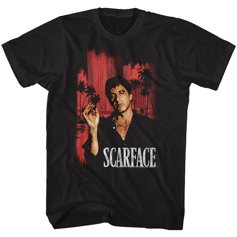 Scarface Mens S/S T-Shirt - Red Cityscape - Solid Black