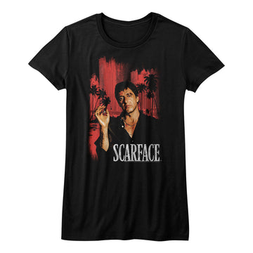 Scarface Girls Juniors S/S T-Shirt - Red Cityscape - Solid Black