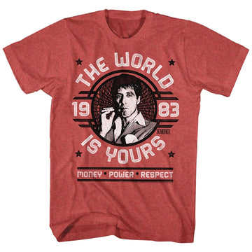 Scarface Mens S/S T-Shirt - World Is Yours Emblem - Heather Red Heather