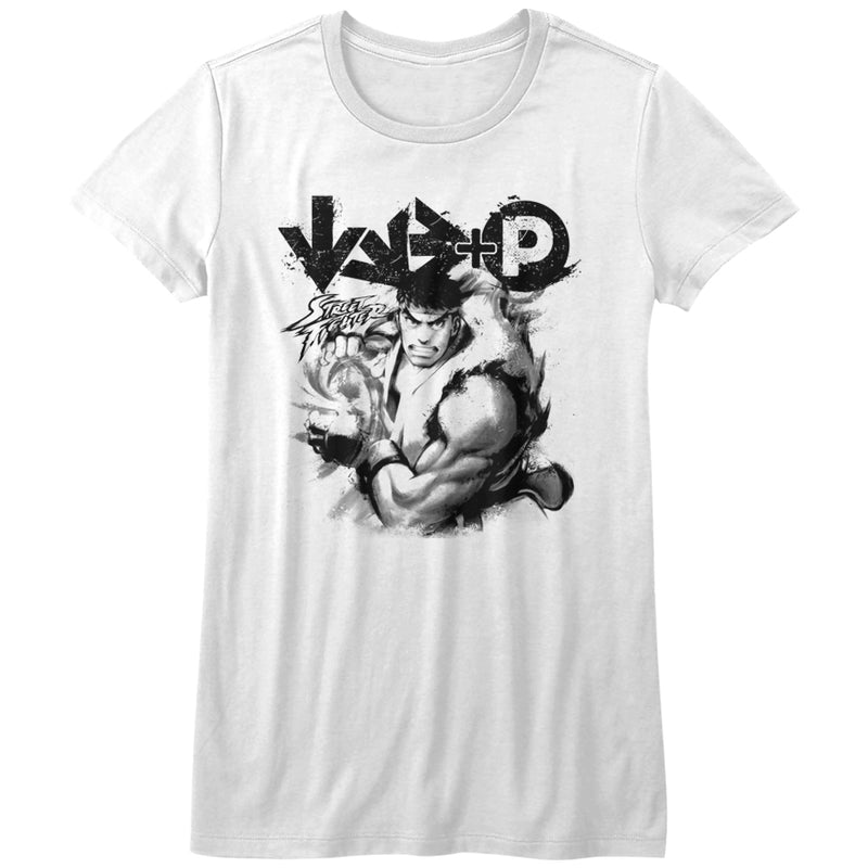Street Fighter Girls Juniors S/S T-Shirt - Hadouken - Solid White