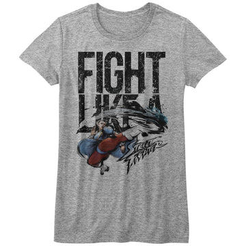 Street Fighter Girls Juniors S/S T-Shirt - Fight Like A - Heather Gray Heather