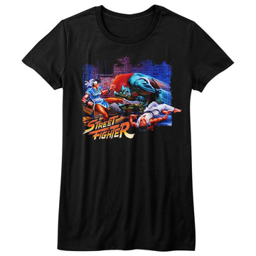 Street Fighter Girls Juniors S/S T-Shirt - Alley Fight - Solid Black
