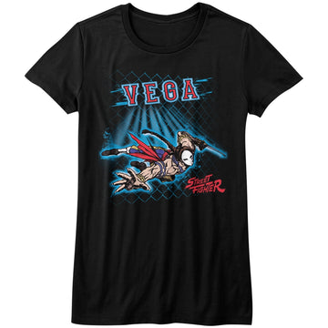 Street Fighter Girls Juniors S/S T-Shirt - Vega Fence - Solid Black