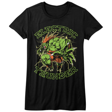 Street Fighter Girls Juniors S/S T-Shirt - Electric Thunder - Solid Black