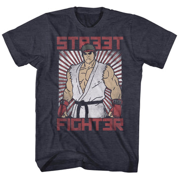 Street Fighter Mens S/S T-Shirt - Block Print - Heather Navy Heather