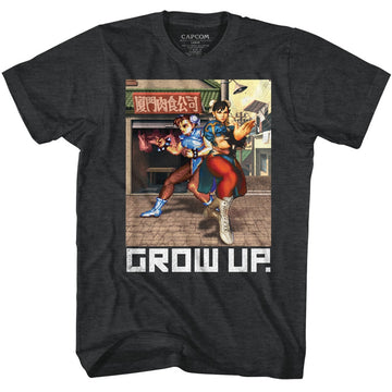 Street Fighter Mens S/S T-Shirt - Grow Up. - Heather Black Heather