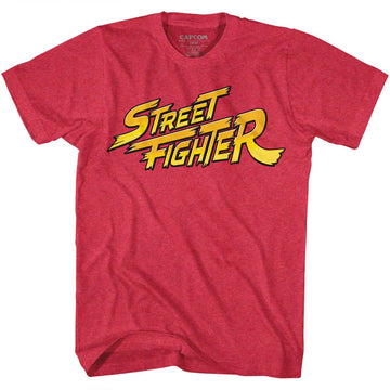 Street Fighter Mens S/S T-Shirt - Red Yellow Logo - Heather Cherry Heather