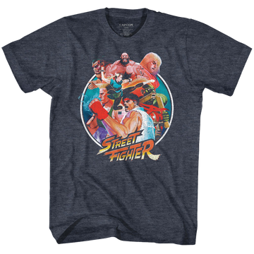 Street Fighter Mens S/S T-Shirt - Group Circle - Heather Navy Heather