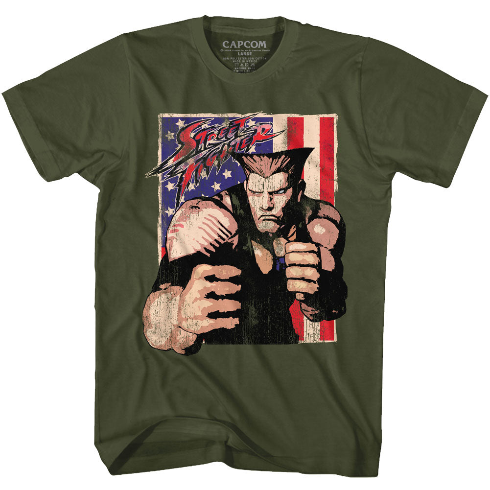 Street Fighter Mens S/S T-Shirt - Guile With Flag - Solid Military Green