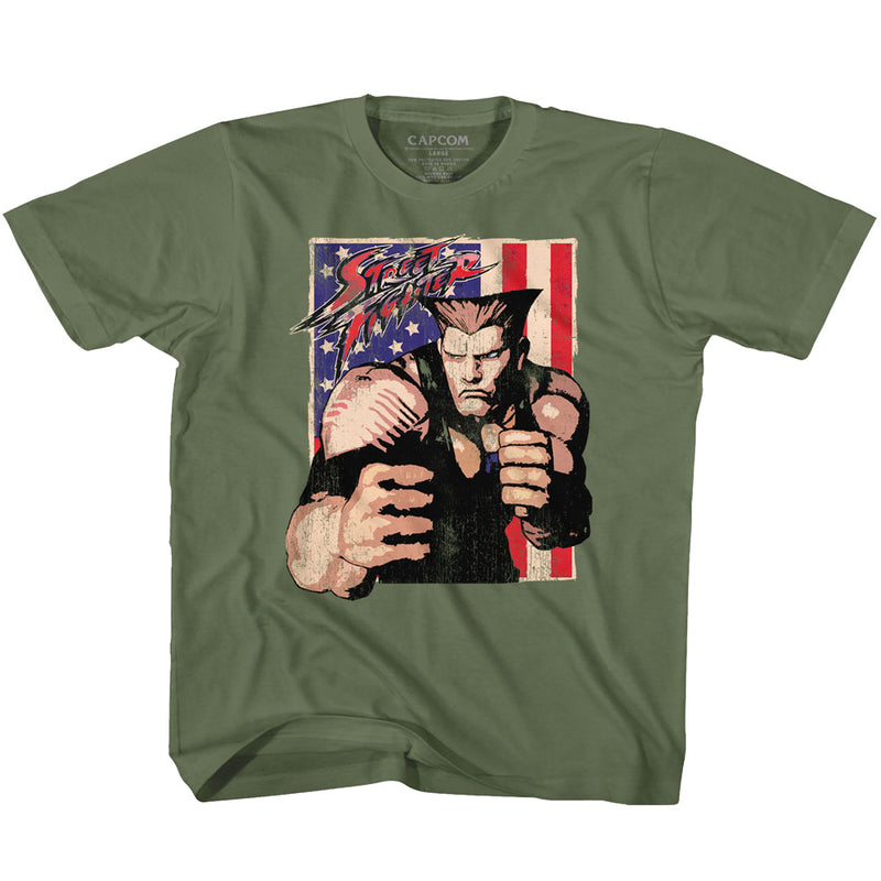 Street Fighter Toddler S/S T-Shirt - Guile With Flag - Solid Military Green - Inmyparentsbasement.com