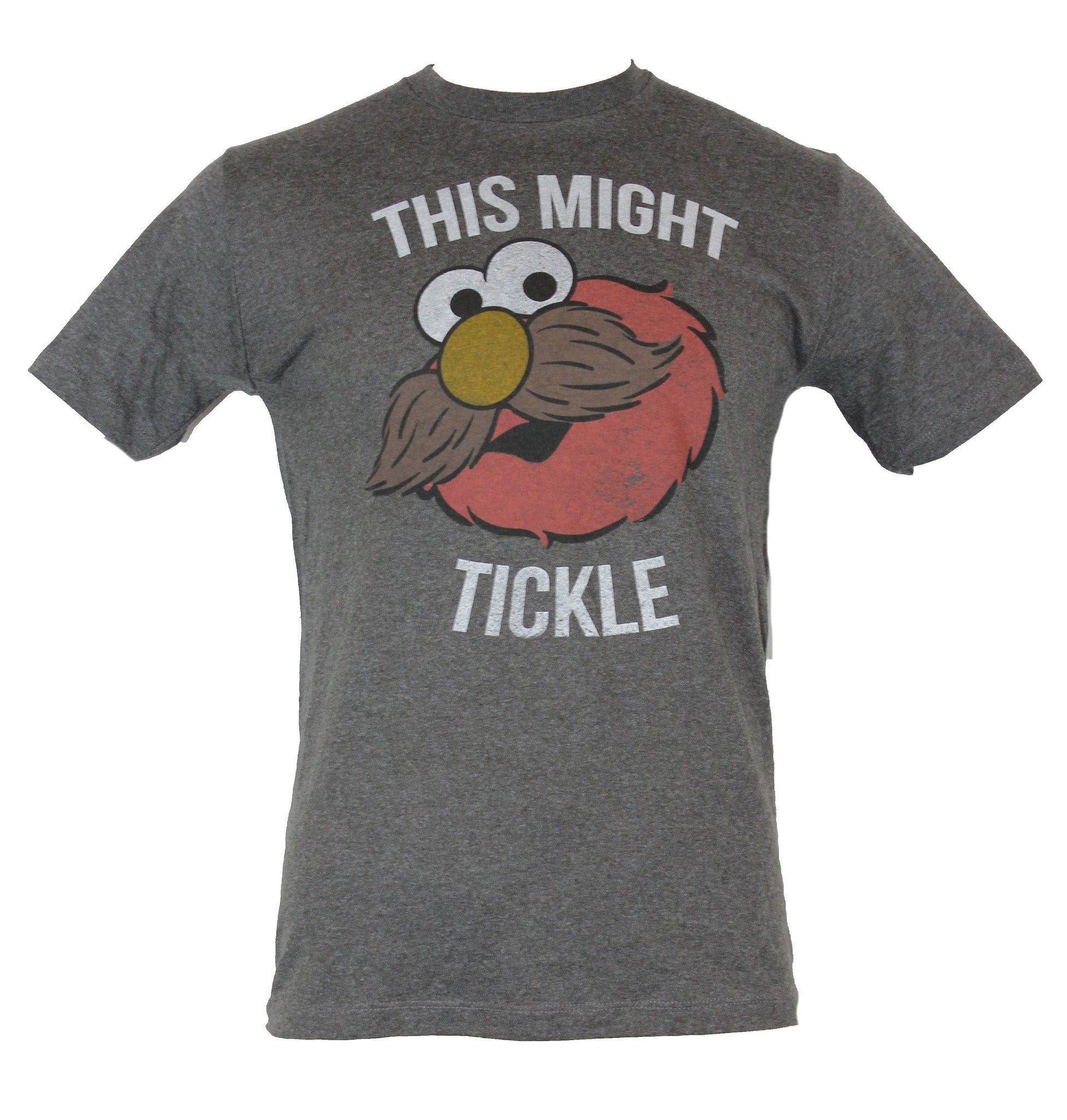 Sesame Street Mens T-Shirt -  "This Might Tickle" Elmo with Mustache Image - Inmyparentsbasement.com