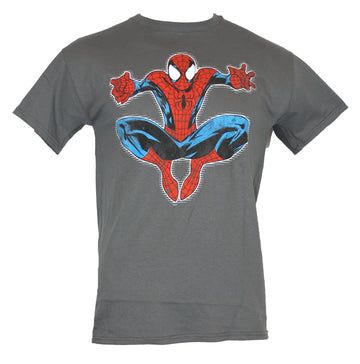 Spider-Man (Marvel Comics) Mens T-Shirt - Comic Style Crouch Jumping Image