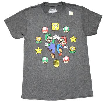 Super Mario Brothers Mens T-Shirt - High Fiving In Circle of Emblems