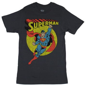 Superman (DC Comics) Mens T-Shirt - Distressed Yellow Circle Flying Superman