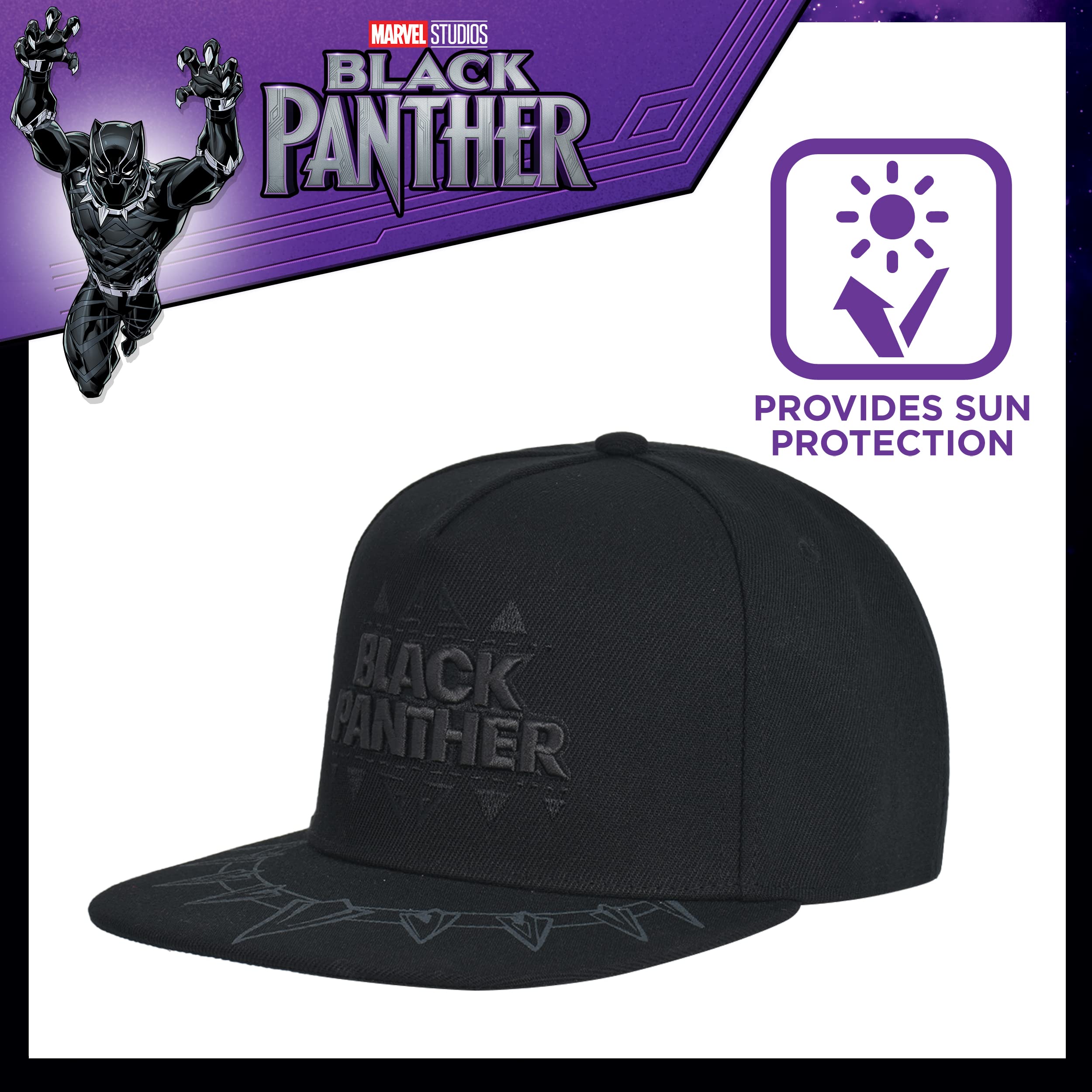 Marvel Black Panther Baseball Cap, Claw Necklace Snapback Flat Brim Hat, Black, One Size