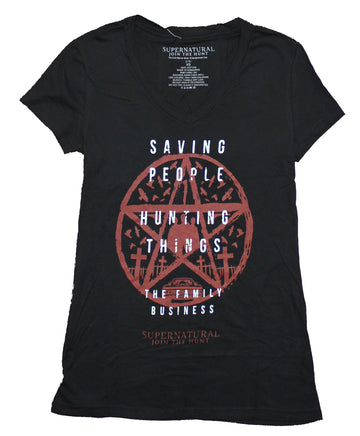 Supernatural Girls Juniors T-Shirt - Saving People Hunting Things Pentagram