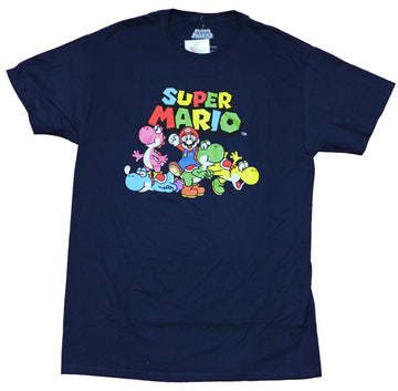 Super Mario Brothers Mens T-Shirt - Mario and A Pile of Colorful Yoshi's