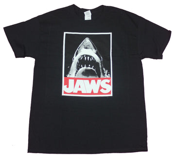 Jaws Mens T-Shirt- Big Mouth Shark Over Red Name Image