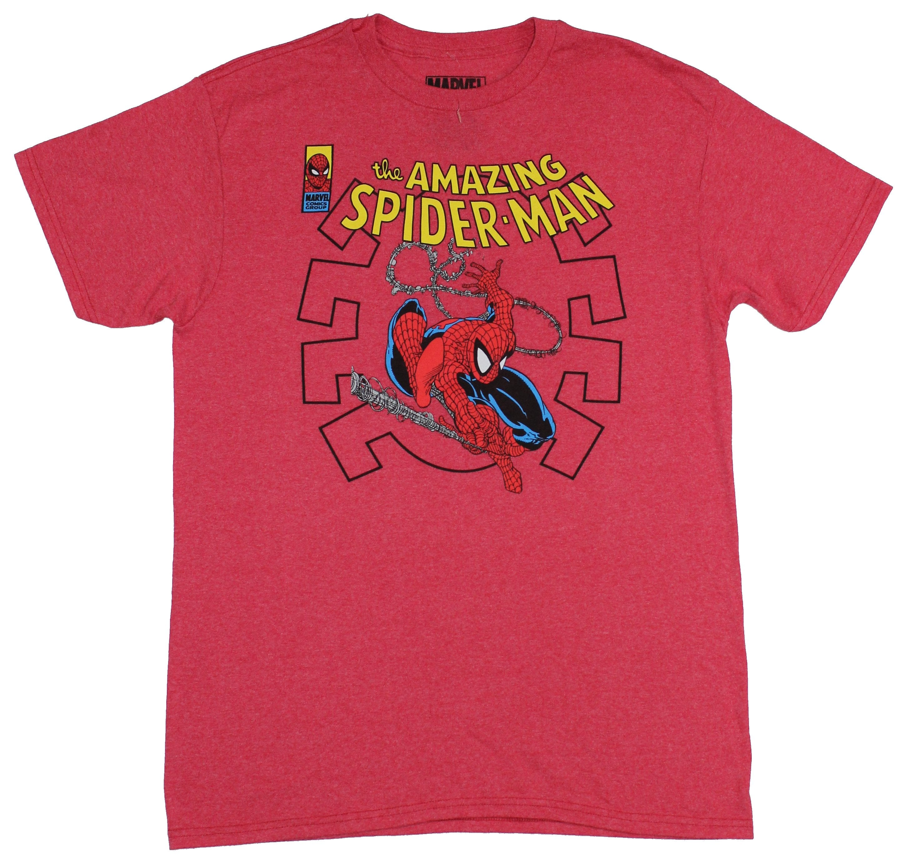 Spider-man (Marvel) Mens T-Shirt - Swinging Comic Image Under Classic Logo